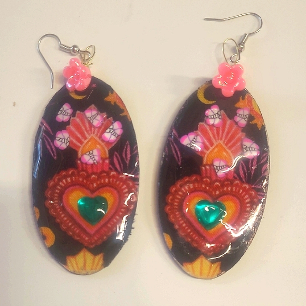 Floral Heart Drop Earrings Butterflies Art To Wear Collaged Sacred Heart Boho